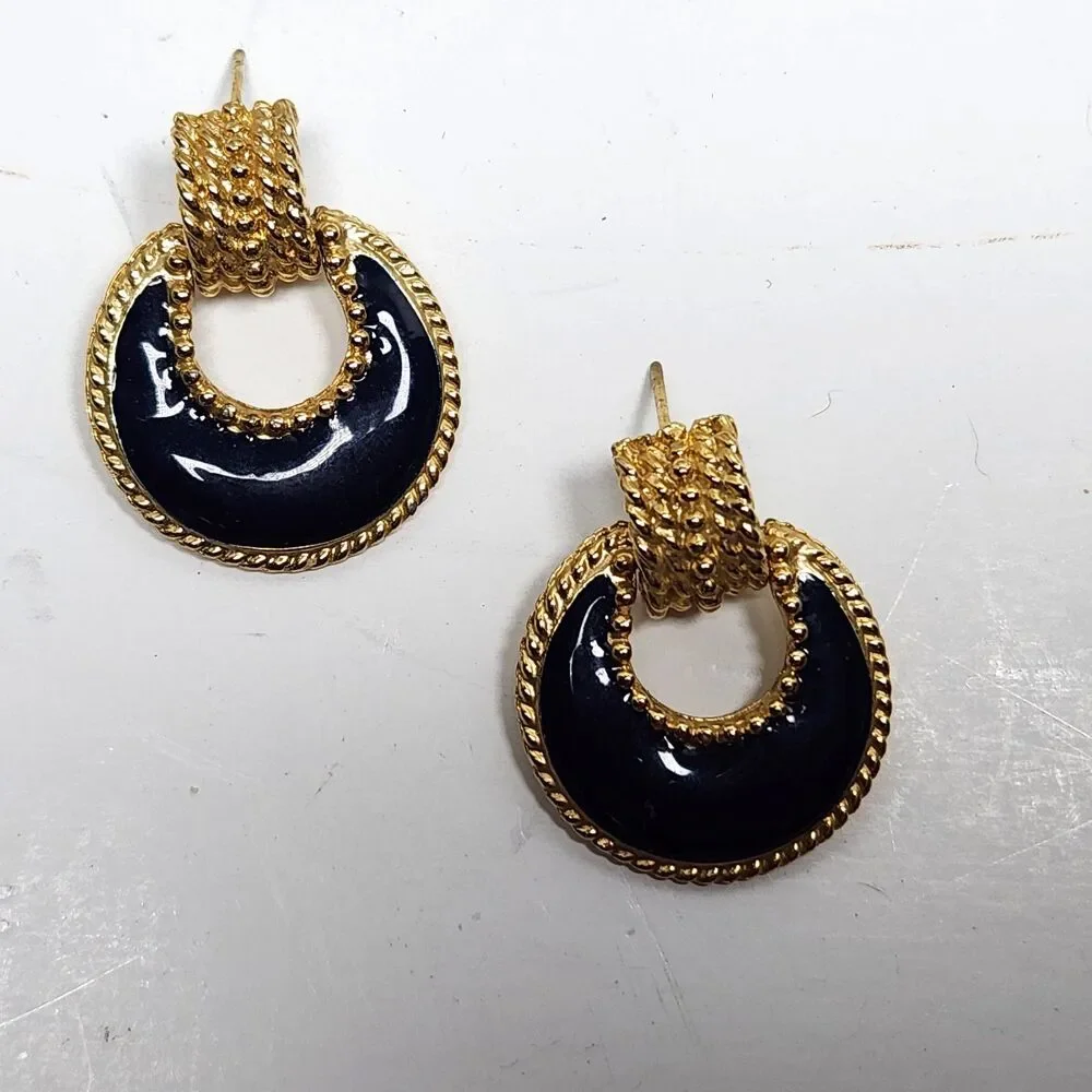 Vintage Door Knocker Earrings Nautical Posts 7/8 in. Navy Blue Gold